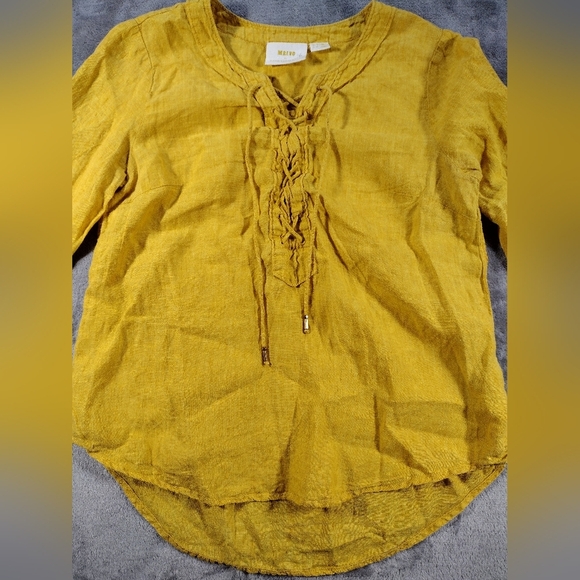 Maeve By Anthropologie Womens Mustard Yellow Marva Lace Up Linen Blouse Size 2 - Picture 2 of 8